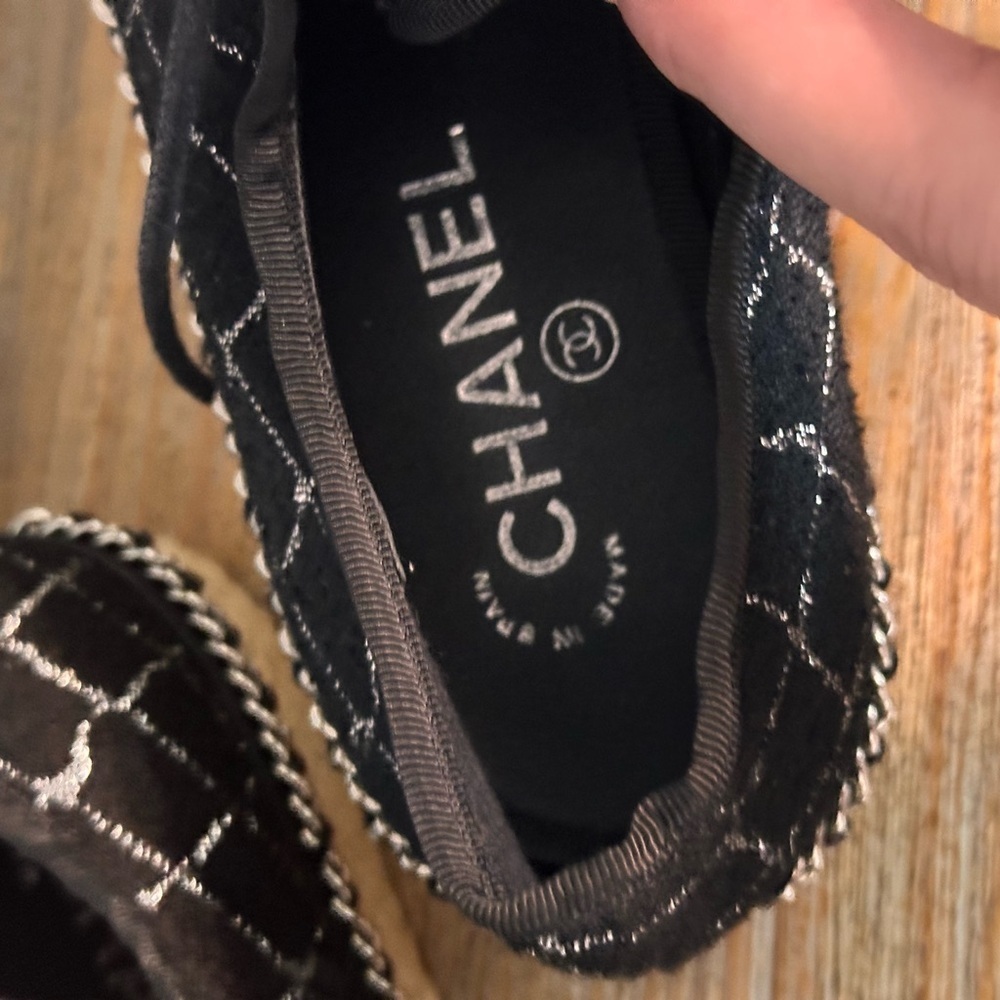 CHANEL Black Quilted Lace-Up Espadrille Sneakers Size 38 Designer Luxury - Picture 10 of 15